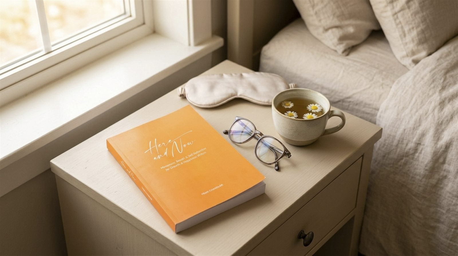 Here and Now resting on a bedside table beside a cup of tea and glasses, ready for a quiet morning